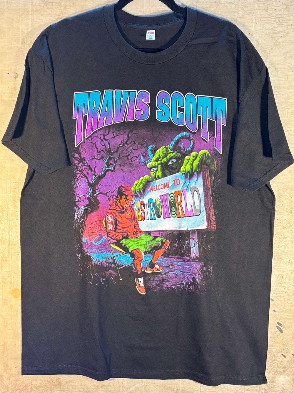 Travis Scott Black Tee with Neon Purple & Green Astroworld Graphic